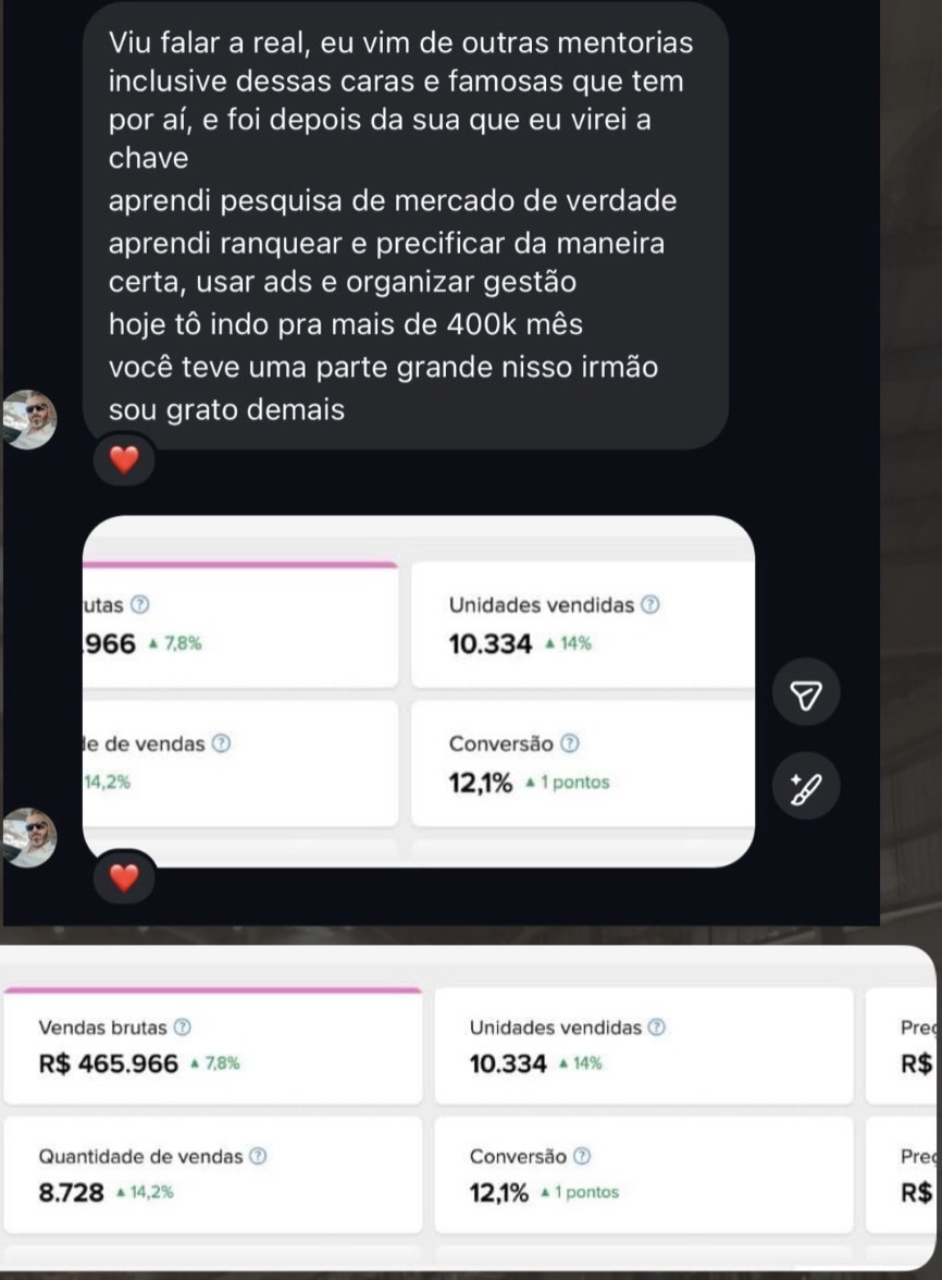 Resposta ao story, no direct: “viu, falar a real: eu vim de outras mentorias, inclusive dessas caras e famosas que tem por aí, e foi depois da sua que eu virei a chave. Aprendi pesquisa de mercado de verdade, aprendi a ranquear e precificar da maneira certa, usar ads e organizar gestão. Hoje tô indo pra mais de 400k mês, você teve uma parte grande nisso, irmão”. Em seguida o mentorado manda o painel do Mercado Livre dele: R$ 465.966 de vendas brutas, 10.334 unidades vendidas, 8.728 vendas e 12,1% de conversão.